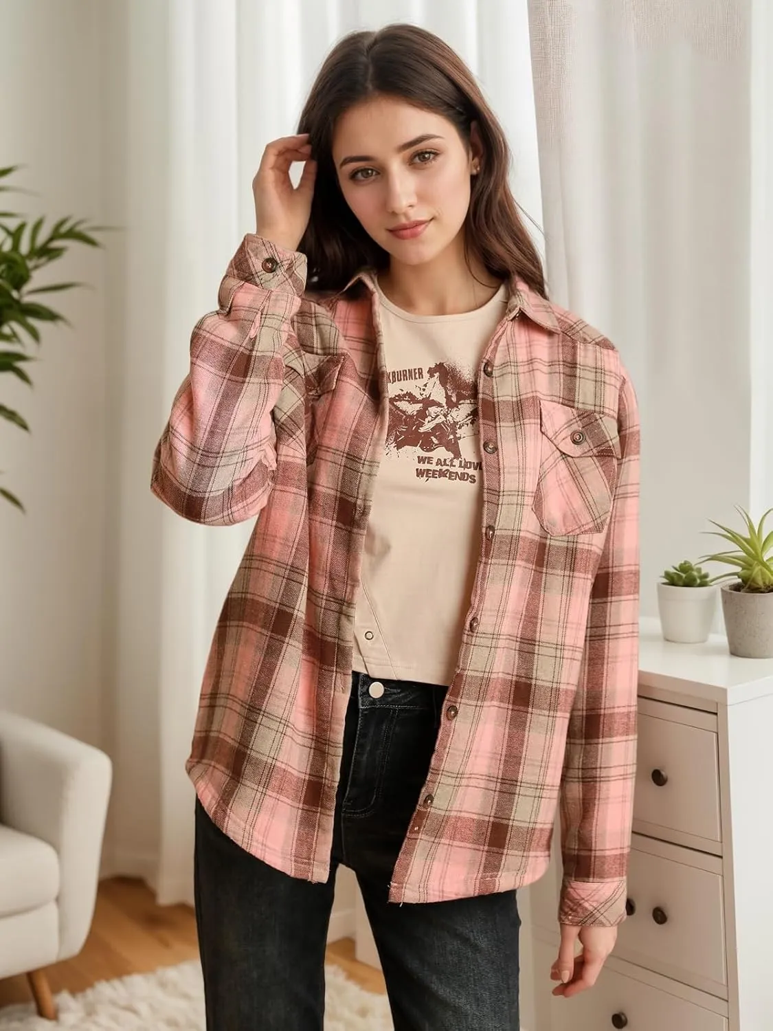 ThCreasa Womens Sherpa Lined Flannel Jacket with Hand Pockets, Plaid Button Down Fuzzy Shirt Jackets