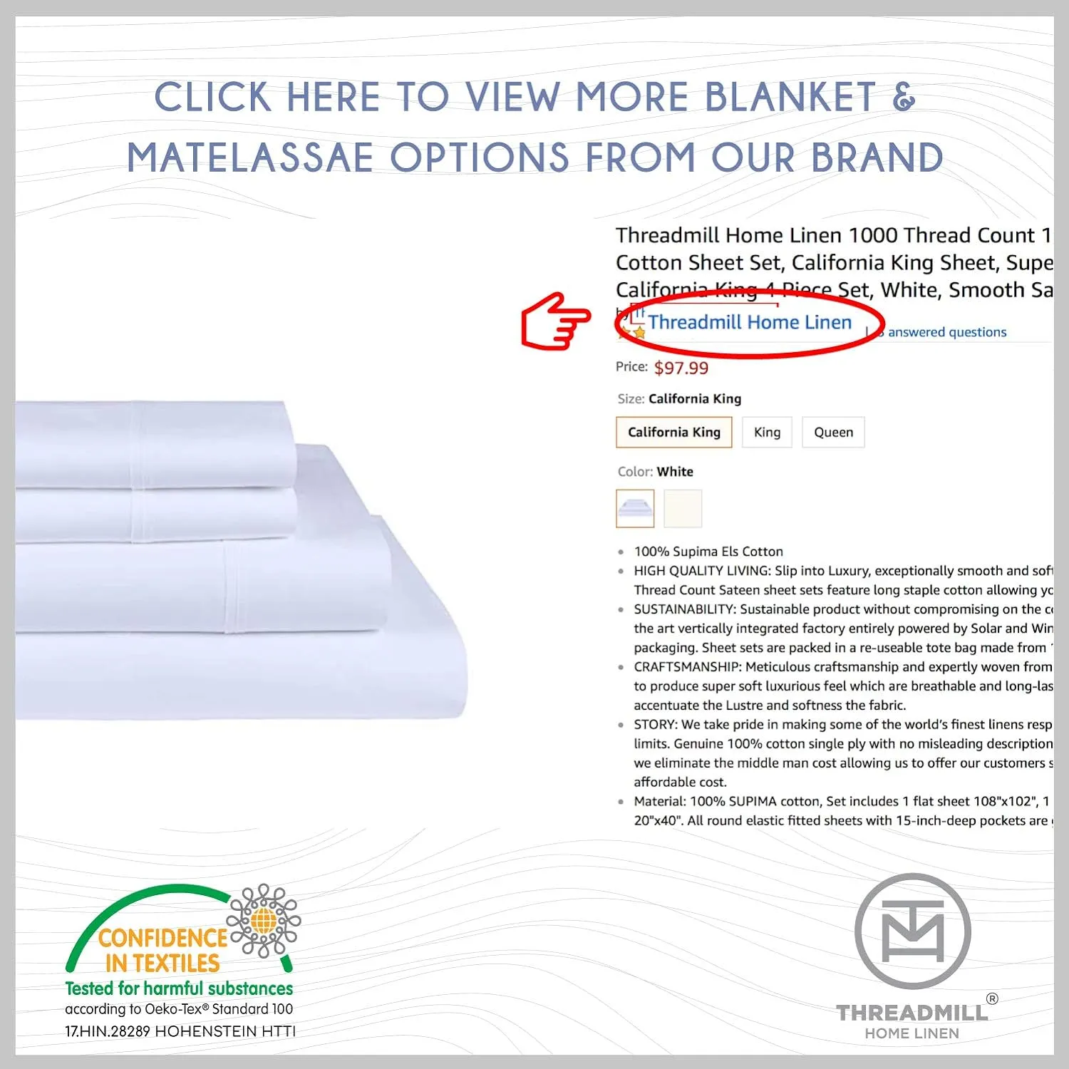Threadmill 500 Thread Count Queen Size Damask Stripe, 4 Pc Luxury Cotton Bedding Set, Breathable Light Grey Sheets with 16" Elasticized Deep Pocket, 2 Pillowcases & Free Tote Bag