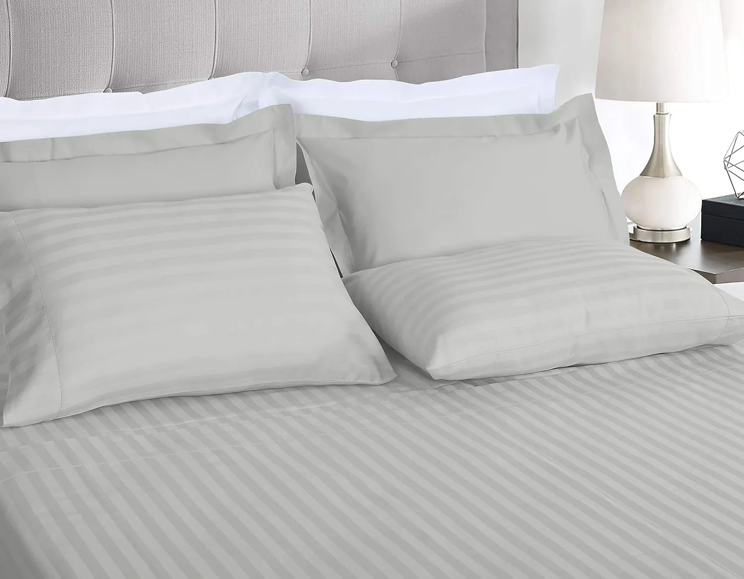 Threadmill 500 Thread Count Queen Size Damask Stripe, 4 Pc Luxury Cotton Bedding Set, Breathable Light Grey Sheets with 16" Elasticized Deep Pocket, 2 Pillowcases & Free Tote Bag