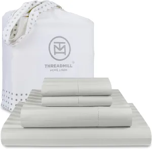 Threadmill 500 Thread Count Queen Size Damask Stripe, 4 Pc Luxury Cotton Bedding Set, Breathable Light Grey Sheets with 16" Elasticized Deep Pocket, 2 Pillowcases & Free Tote Bag