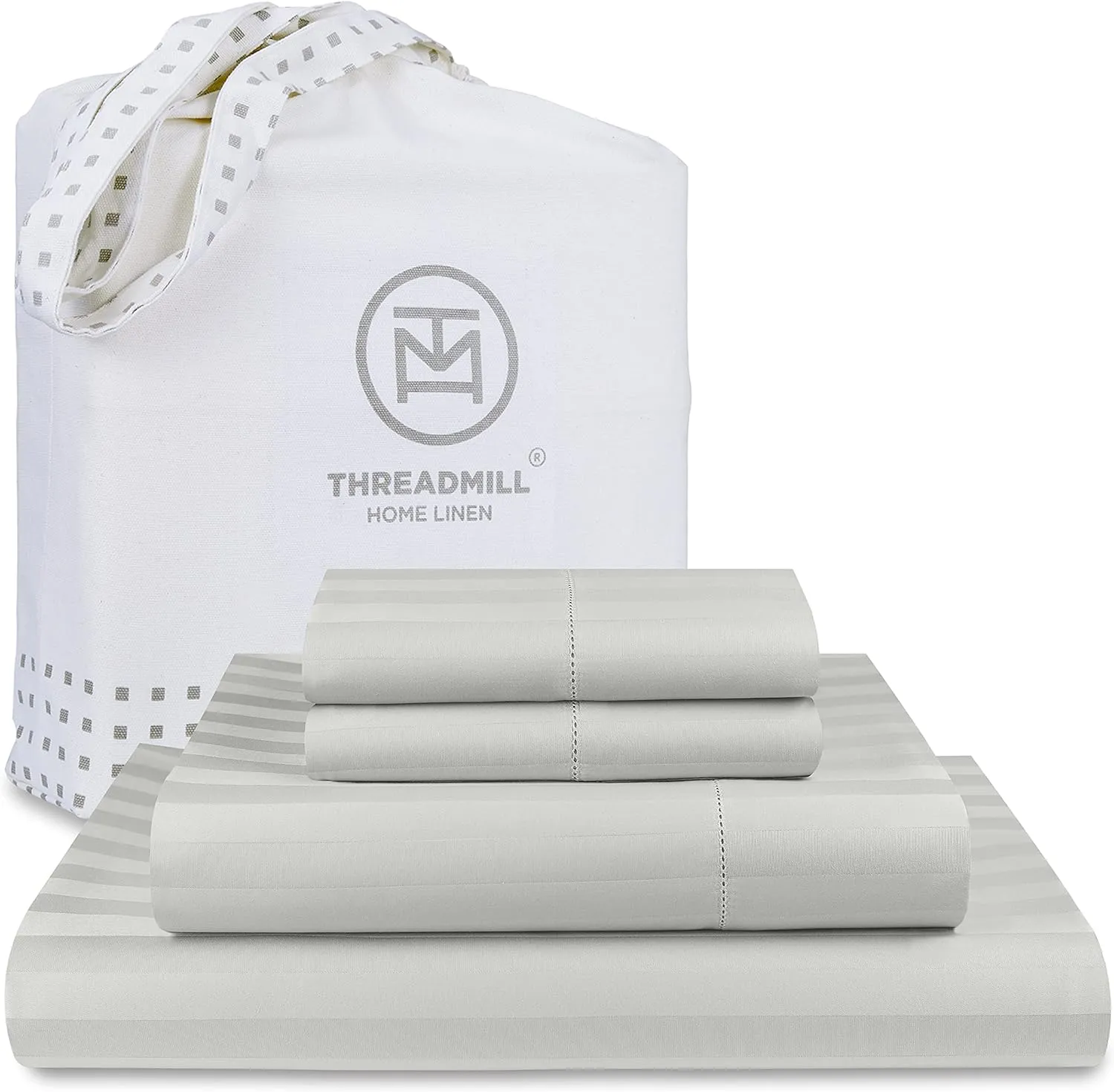 Threadmill 500 Thread Count Queen Size Damask Stripe, 4 Pc Luxury Cotton Bedding Set, Breathable Light Grey Sheets with 16" Elasticized Deep Pocket, 2 Pillowcases & Free Tote Bag