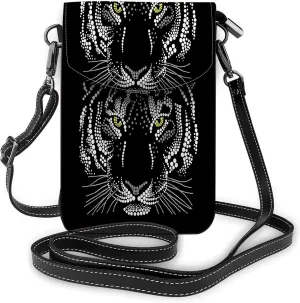 Tiger Crossbody Cell Phone Purse Animal Face Feline Carnivore Cat Mugs Nature Wild Portrait Black WhiteWallet Handbag