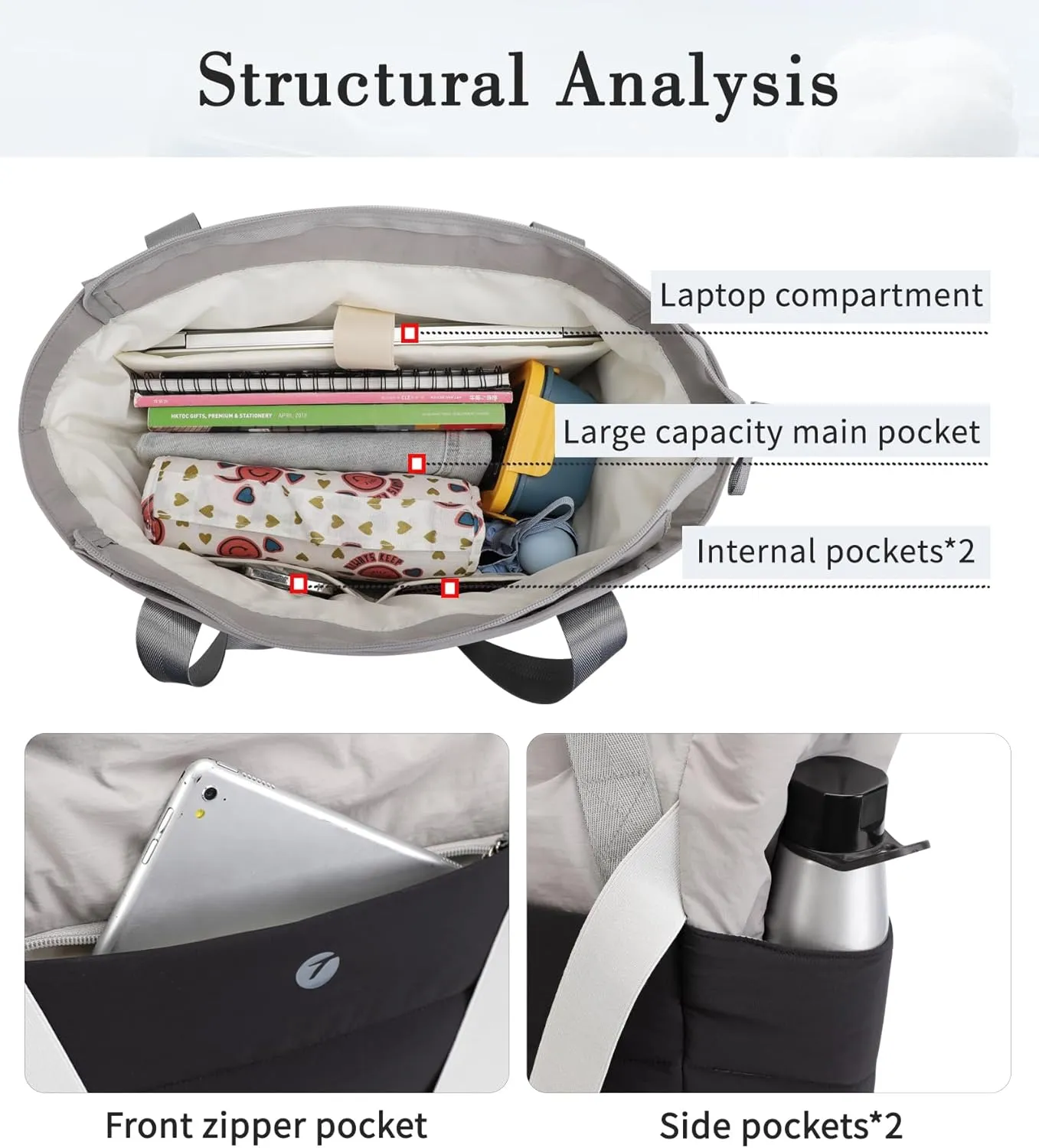 TINYAT Quilted Tote Bag for Women Puffer Duffle Bag with Yoga Mat Strap Zipper Travel Bag Large Yoga Gym Tote for Work, Sport