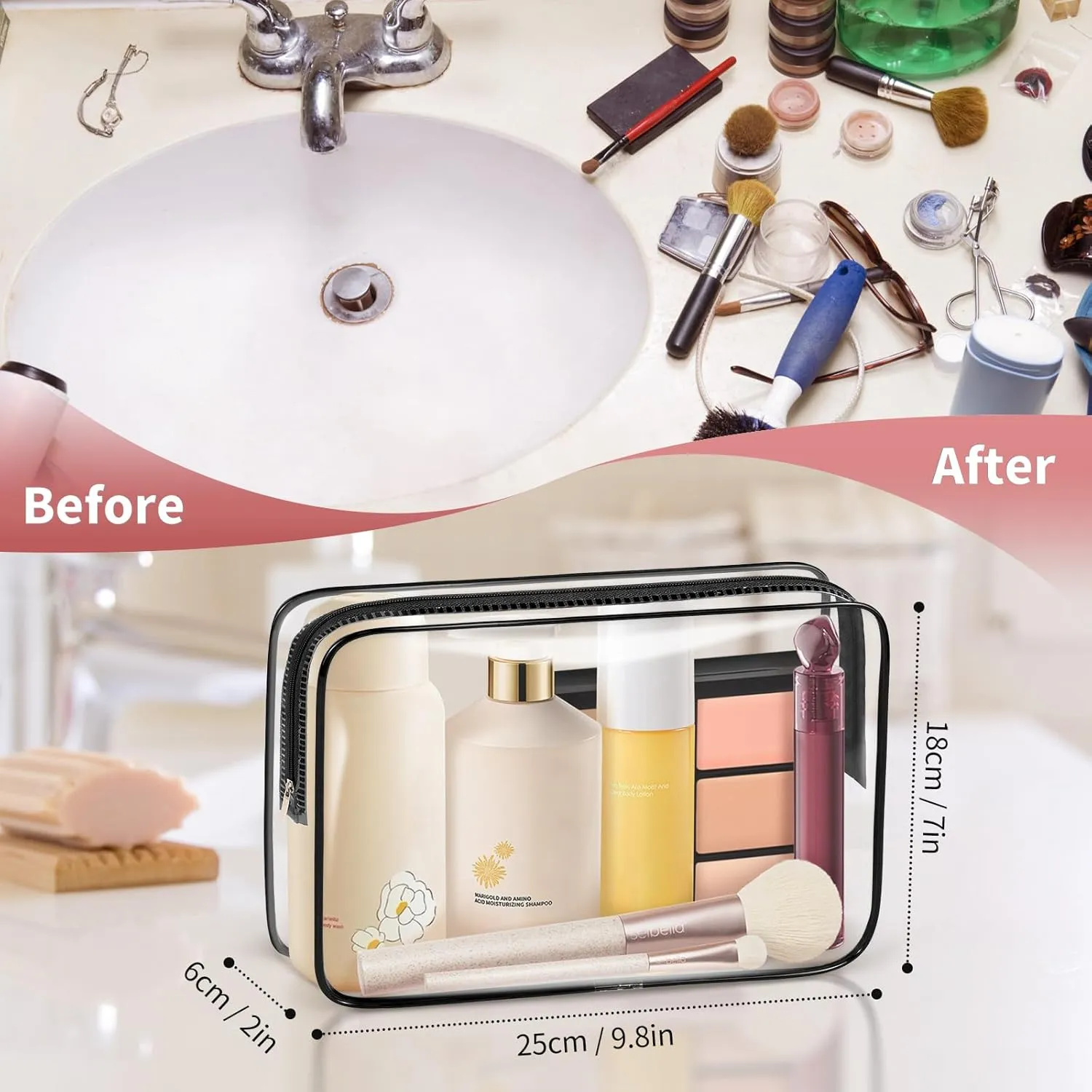 TISRATOK 12 PCS Clear Makeup Bag for Women with Zipper, TSA Approved Toiletry Pouch, Cosmetic Bag Bulk for Travel Organizer Essentials - Black,Large