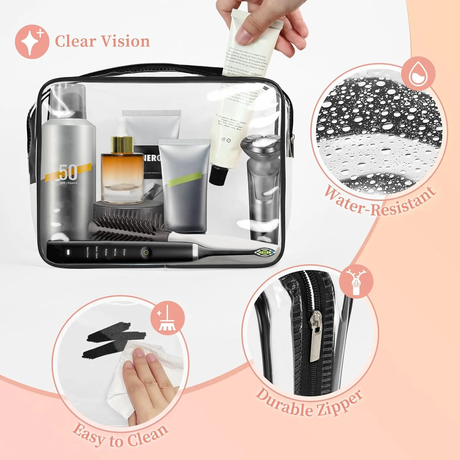 TISRATOK 12 PCS Clear Makeup Bag for Women with Zipper, TSA Approved Toiletry Pouch, Cosmetic Bag Bulk for Travel Organizer Essentials - Black,Large