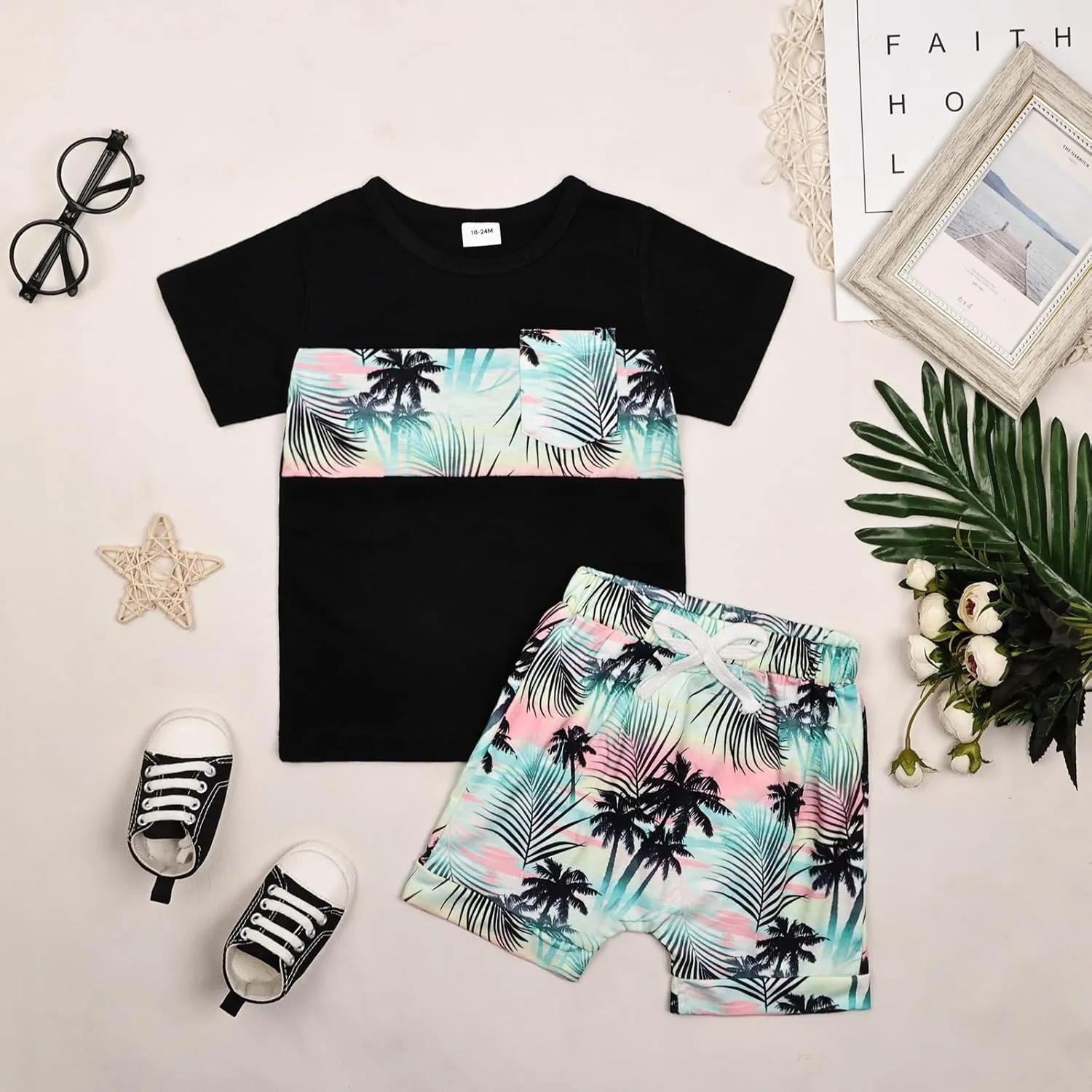 Toddler Baby Boy Clothes Summer Holiday Style Outfits Short Sleeve Top T-Shirt & Pocket Pant Set 12 Months-4 Years old