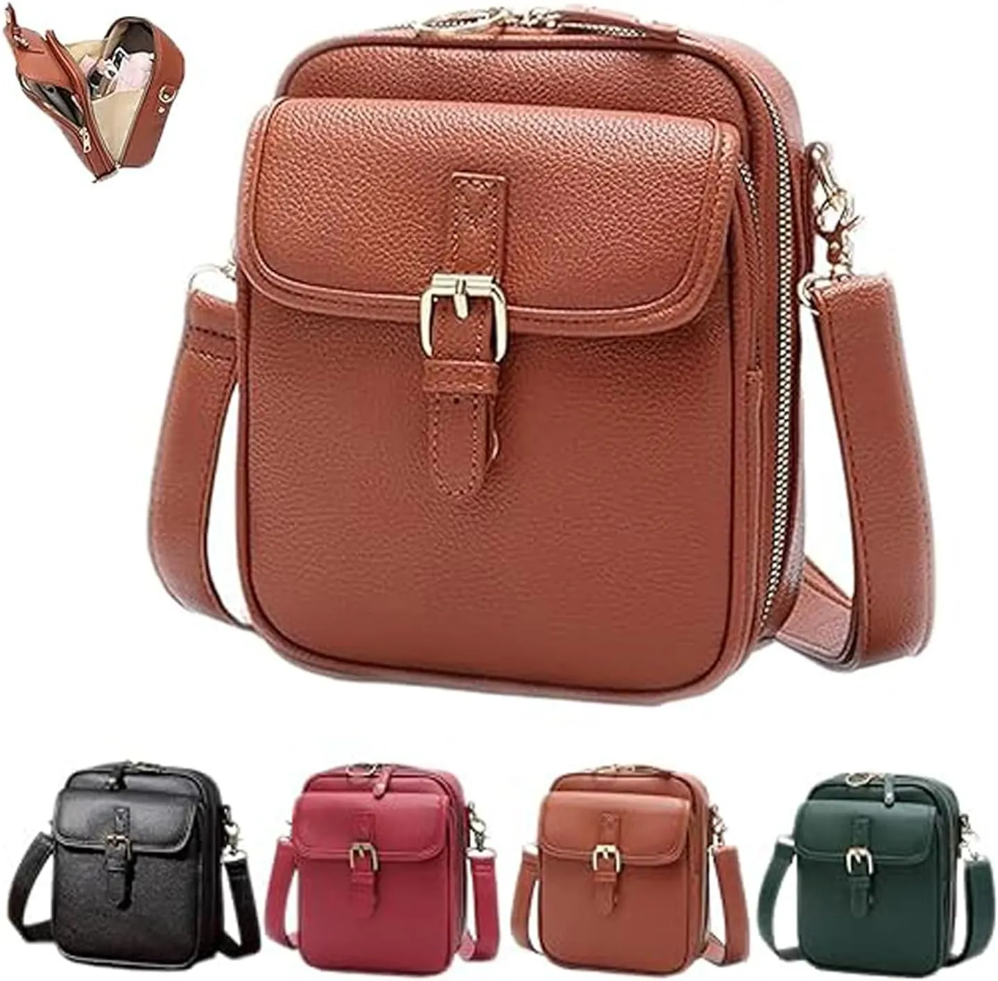 Tojoyride Crossbody Bag, Genuine Leather Crossbody Bags, Vintage Double Layer Large Capacity Mini Messenger Bag for Women