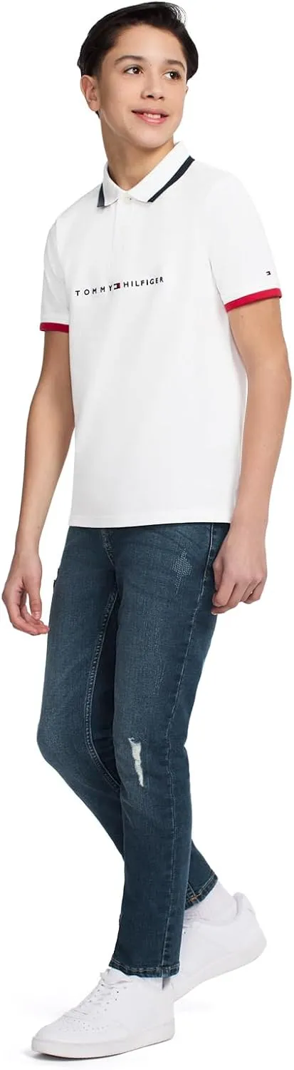 Tommy Hilfiger Boys' Short Sleeve Premium Pique Polo Shirt, Button Closure, Soft & Comfortable
