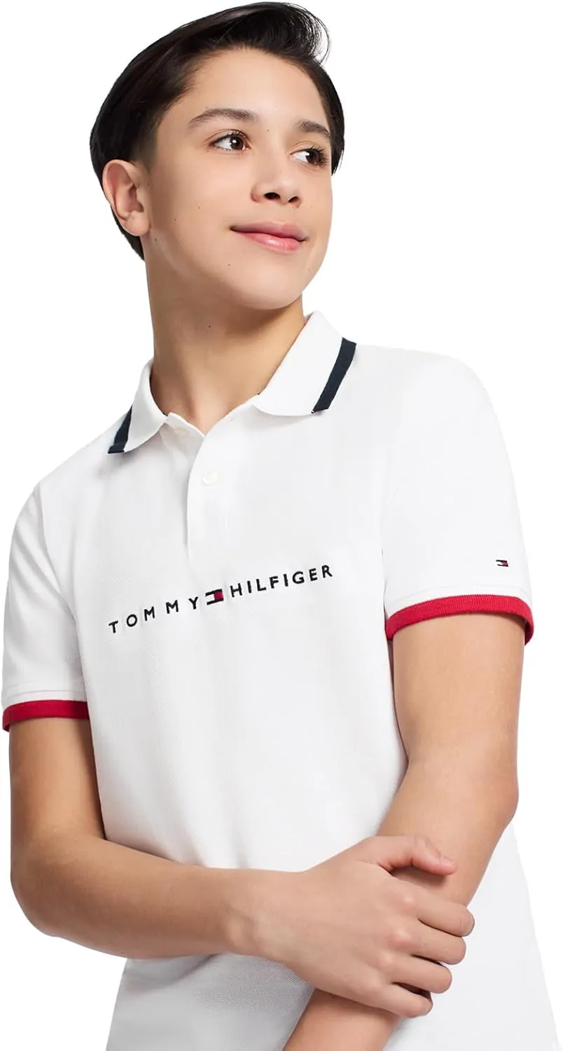 Tommy Hilfiger Boys' Short Sleeve Premium Pique Polo Shirt, Button Closure, Soft & Comfortable