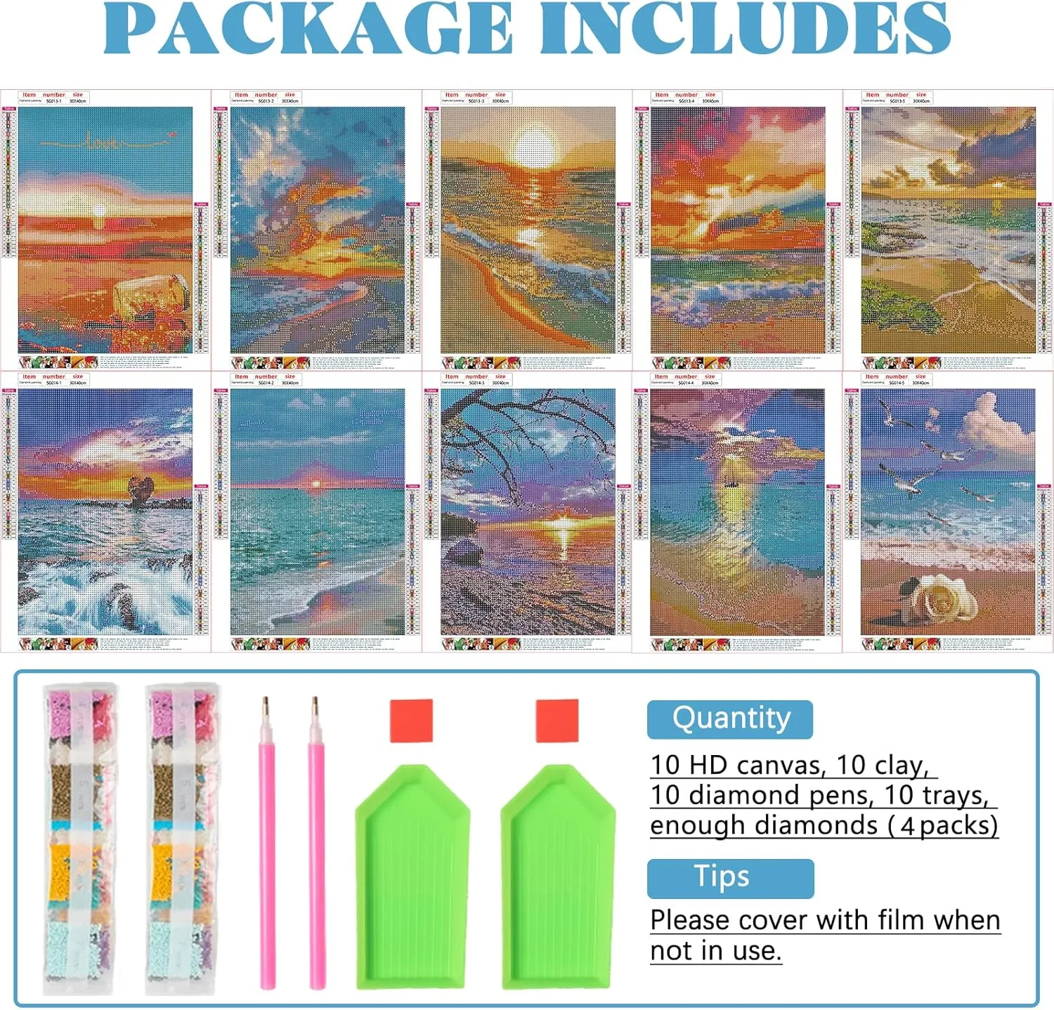 Tontut 10 Pack Diamond Painting Kits, Full Round Diamond Painting Crafts for Adults, DIY Diamond Art Landscape Beach Sunset Diamond Painting Home Wall Decoration 12x16inch