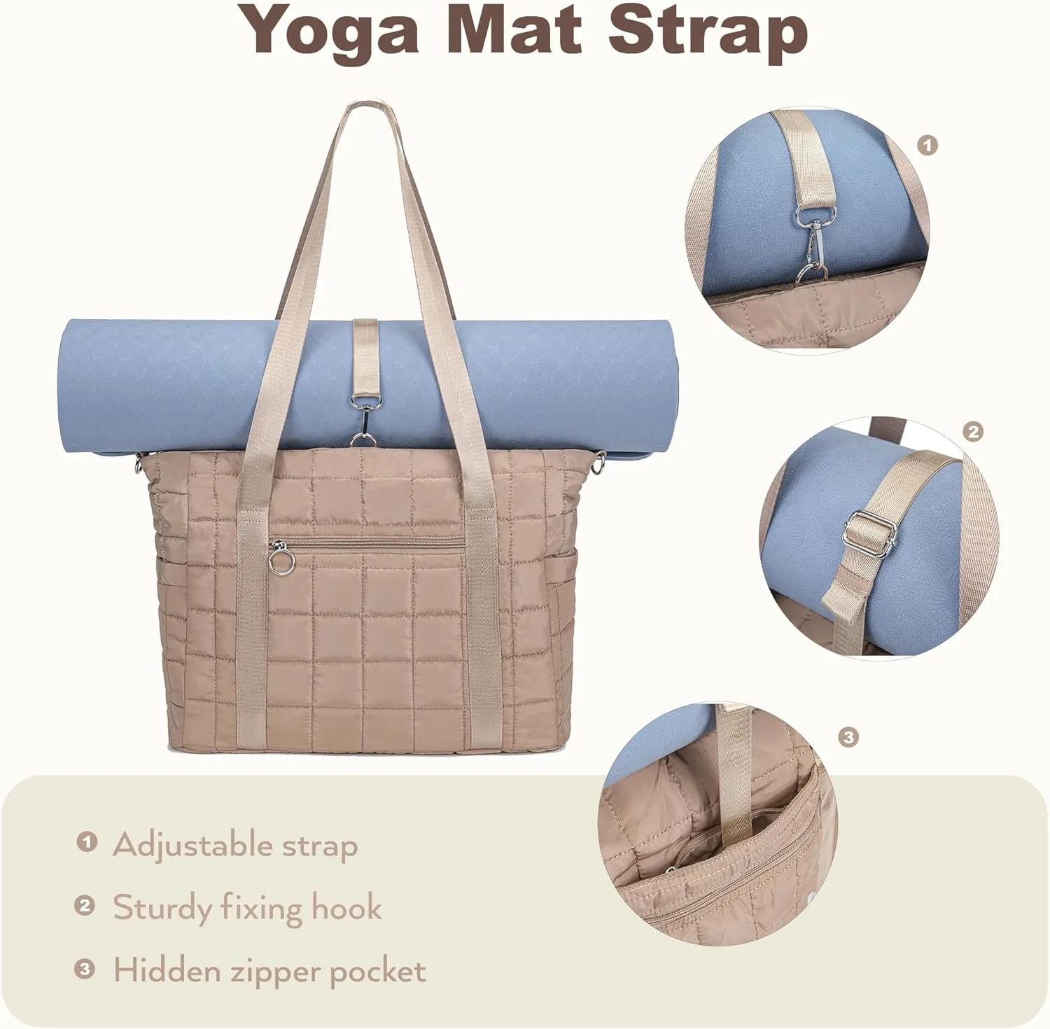 Tote Bag for Women with Zipper, Puffer Gym Tote with Yoga Mat Straps