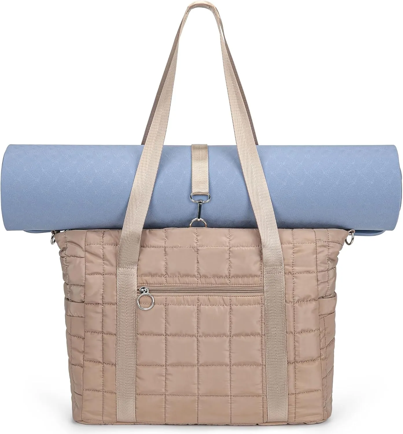 Tote Bag for Women with Zipper, Puffer Gym Tote with Yoga Mat Straps