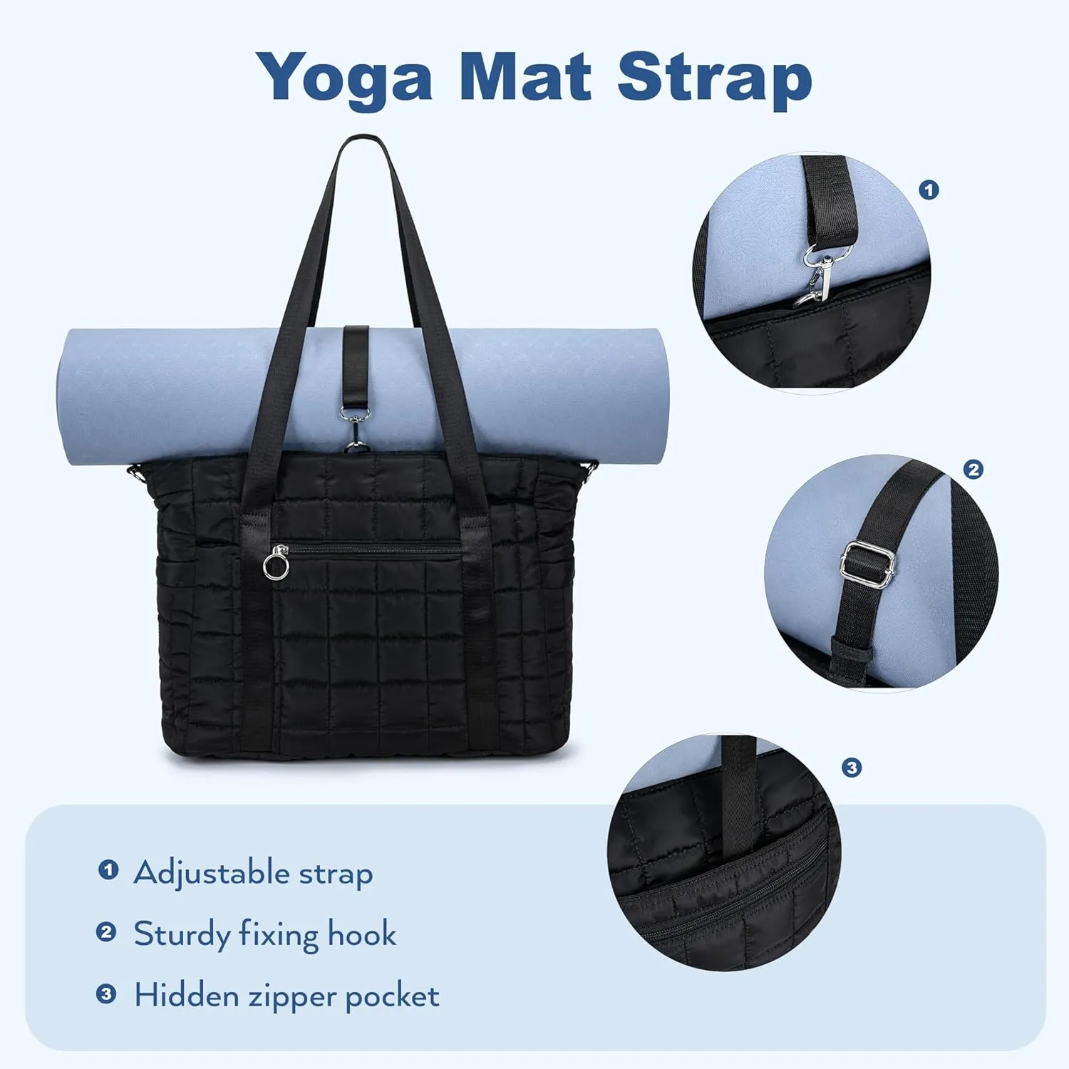 Tote Bag for Women with Zipper, Puffer Gym Tote with Yoga Mat Straps