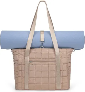 Tote Bag for Women with Zipper, Puffer Gym Tote with Yoga Mat Straps
