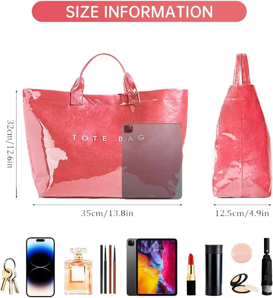 Tote Bag for Women,Large Work Tote Bag Clear Plastic Handbag PVC Letter Printed Bag Kraft Paper Hobo Bag with Handle