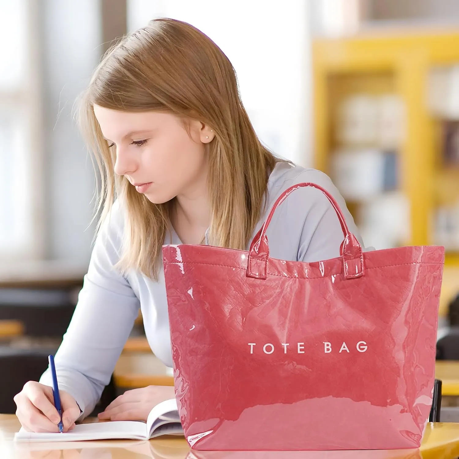 Tote Bag for Women,Large Work Tote Bag Clear Plastic Handbag PVC Letter Printed Bag Kraft Paper Hobo Bag with Handle