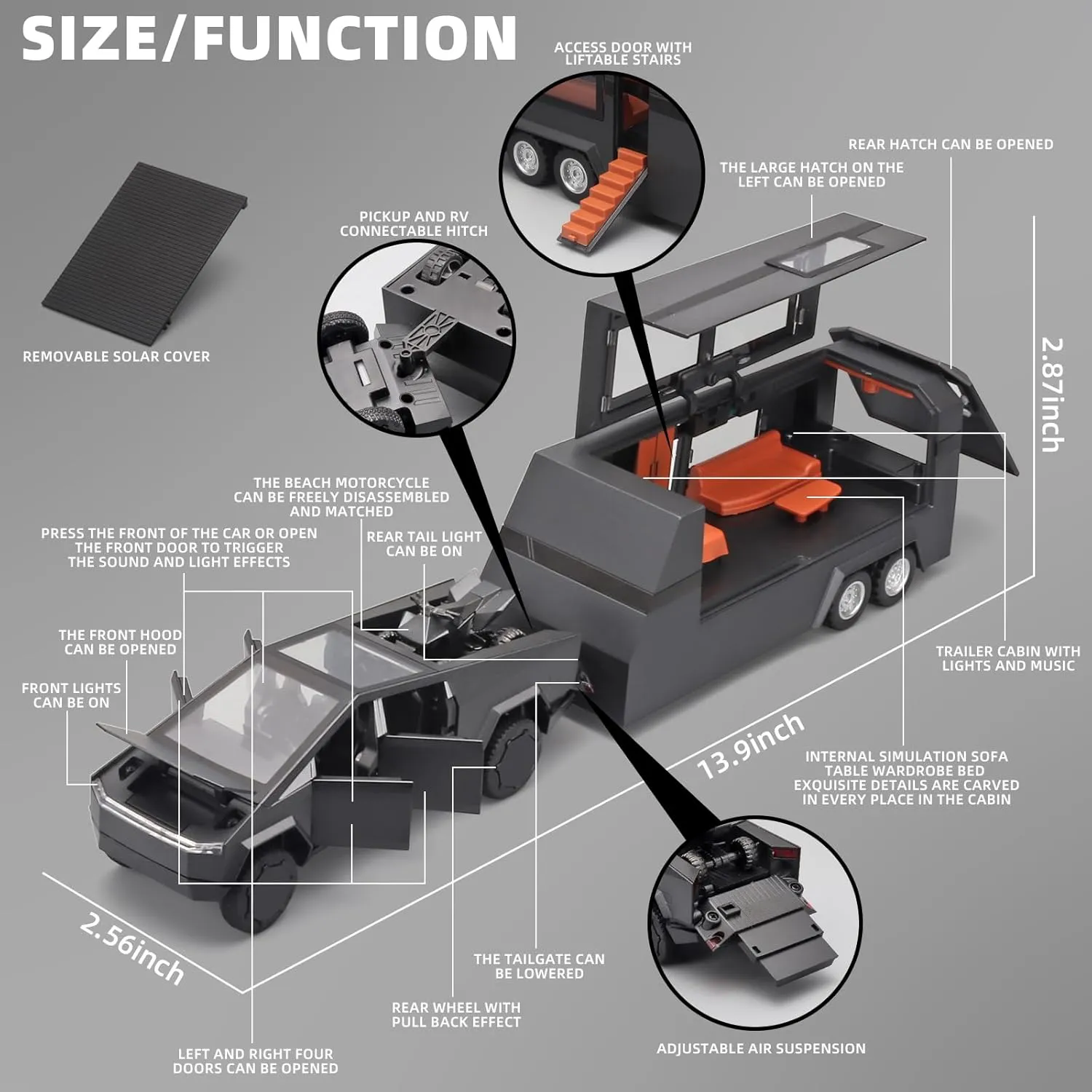 Toy Trucks for Boys Mars Pickup Trailer Toy RV,Diecast Metal Pickup Trailer RV Model Kit,Toy Truck and Trailer with Sound and Light Pull Back,Truck and Trailer Toys for Boys Ages 4-7（Grey）