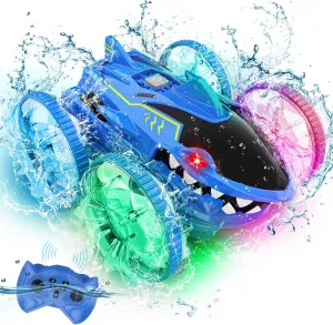 Toys for Ages 5-7 Boys, Amphibious Remote Control Car 4WD Waterproof 2.4Ghz Fast Stunt RC Car 360° Rotating with Lights Xmas Gifts for 3-12 Year Old Boys Girls All Terrain Water Beach Pool Toys