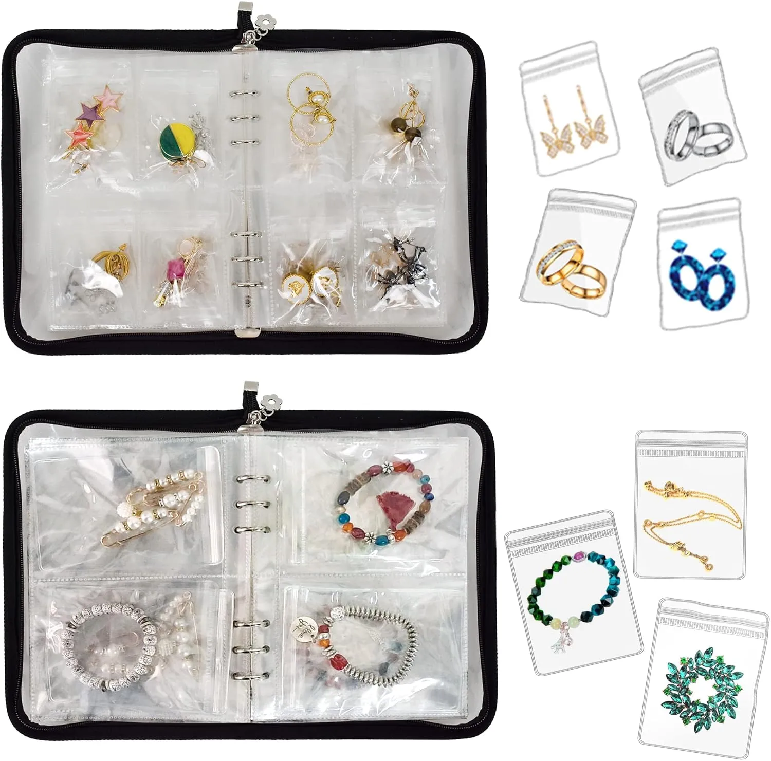 Transparent Jewelry Storage Book Travel Jewelry Organizer Earring Organizer Case Bracelet Holder for Necklace Ring with Anti tarnish Pouches, Pack of 2