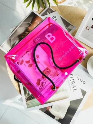 Transparent PVC Pink Tote Bag with Black Handles, Waterproof Storage Organizer for Supermarket, Gym, Travel