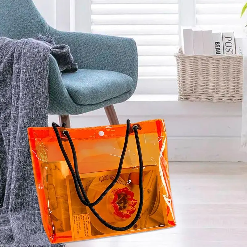 Transparent PVC Pink Tote Bag with Black Handles, Waterproof Storage Organizer for Supermarket, Gym, Travel