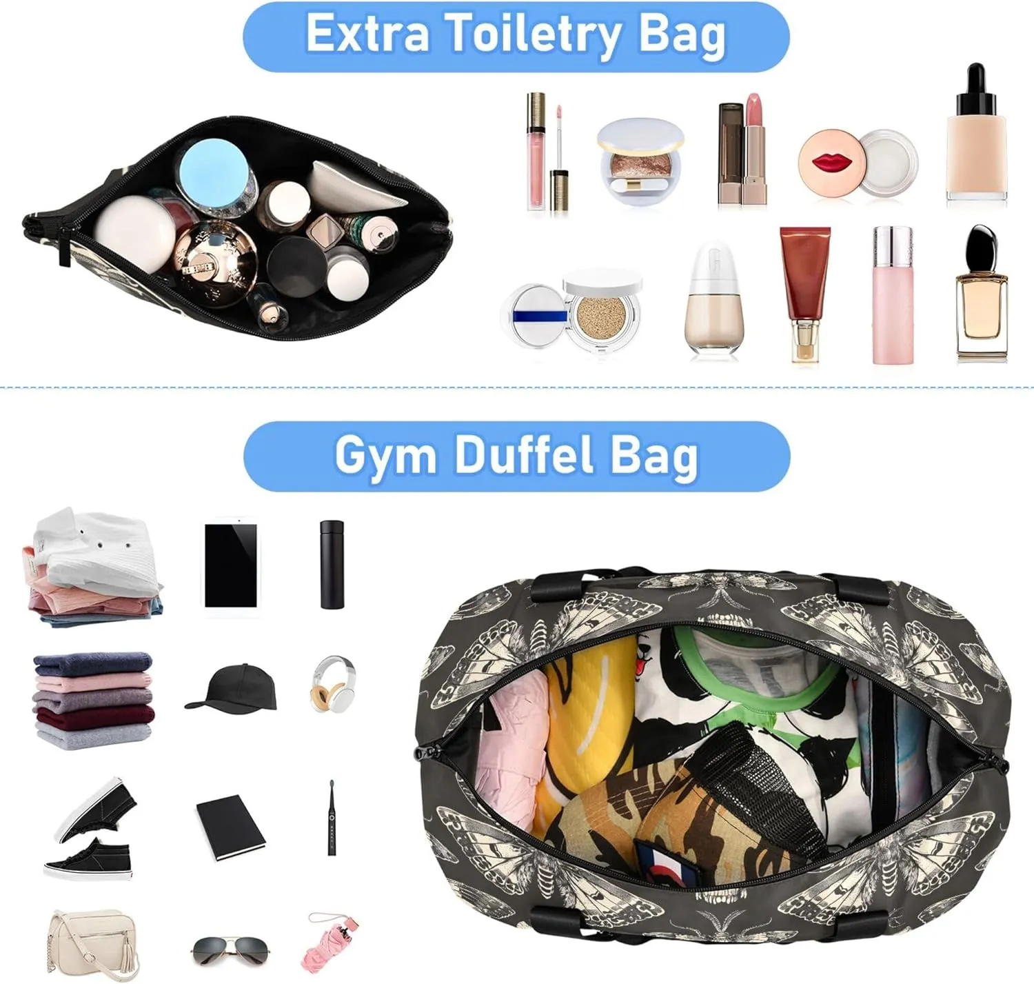 Travel Duffel Tote Bag Butterfly and Skull Sports Duffel Bag with Wet Pocket Weekender Overnight Bag for Women Men Gym Bag, Carry On Bag Hospital Bag for Labor and Delivery