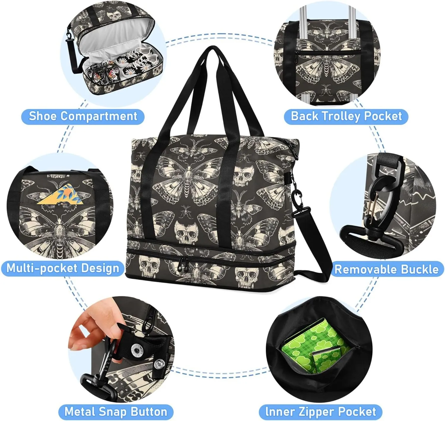 Travel Duffel Tote Bag Butterfly and Skull Sports Duffel Bag with Wet Pocket Weekender Overnight Bag for Women Men Gym Bag, Carry On Bag Hospital Bag for Labor and Delivery