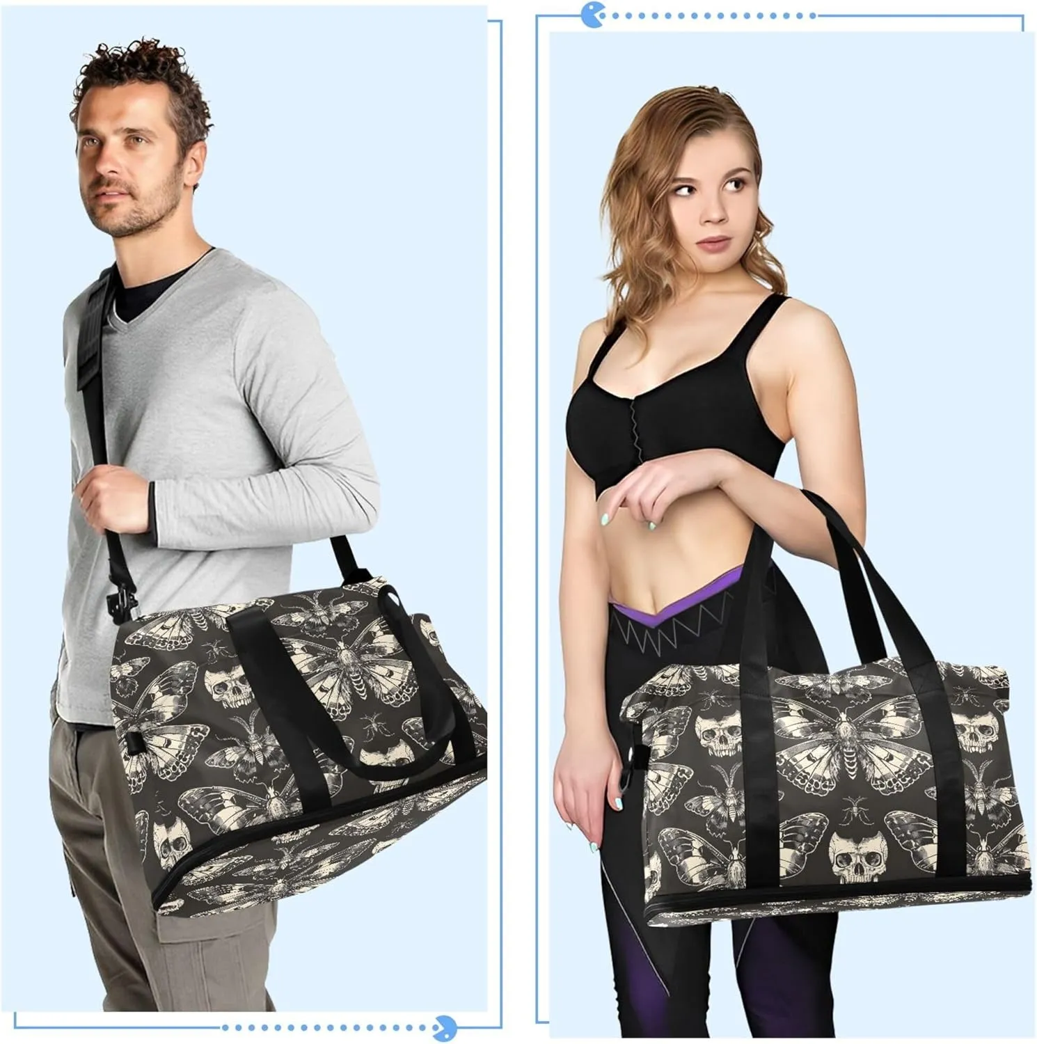 Travel Duffel Tote Bag Butterfly and Skull Sports Duffel Bag with Wet Pocket Weekender Overnight Bag for Women Men Gym Bag, Carry On Bag Hospital Bag for Labor and Delivery