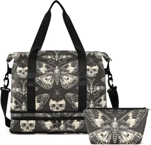 Travel Duffel Tote Bag Butterfly and Skull Sports Duffel Bag with Wet Pocket Weekender Overnight Bag for Women Men Gym Bag, Carry On Bag Hospital Bag for Labor and Delivery