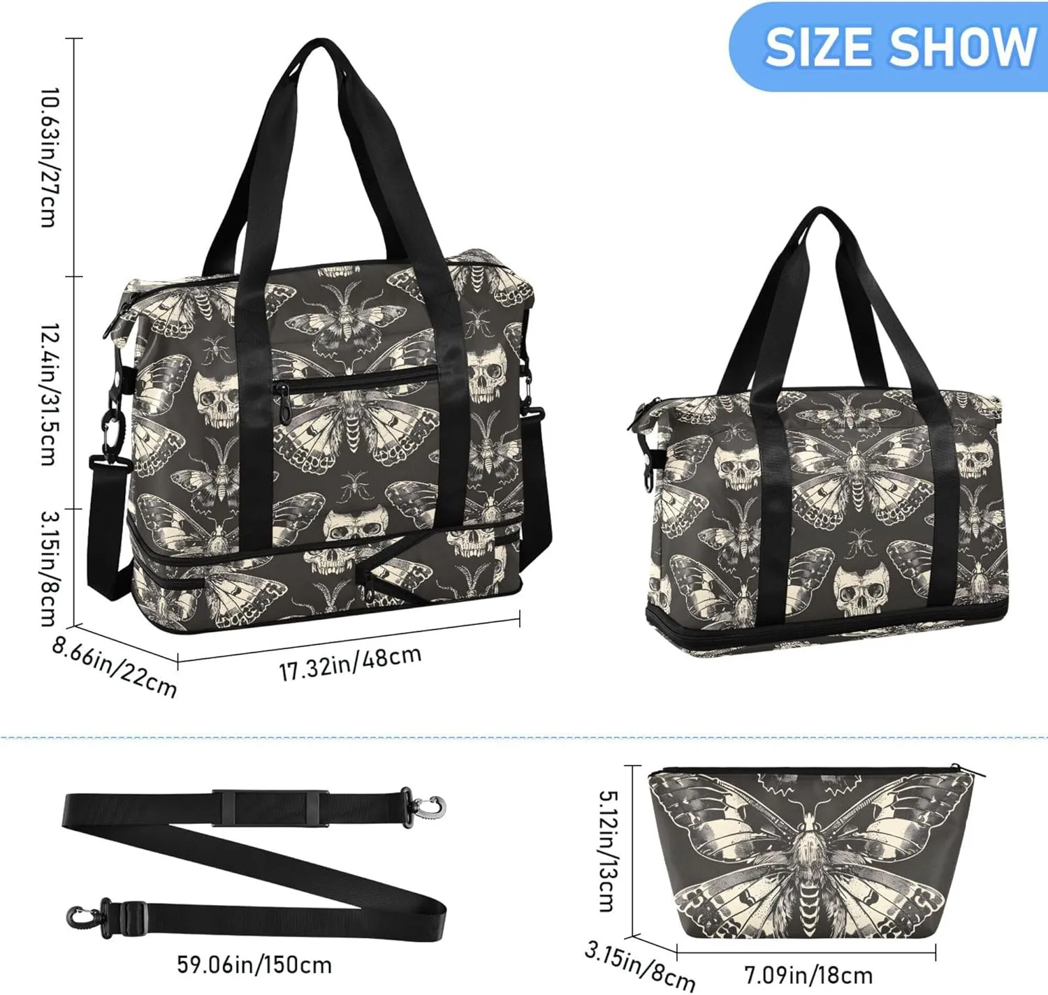 Travel Duffel Tote Bag Butterfly and Skull Sports Duffel Bag with Wet Pocket Weekender Overnight Bag for Women Men Gym Bag, Carry On Bag Hospital Bag for Labor and Delivery