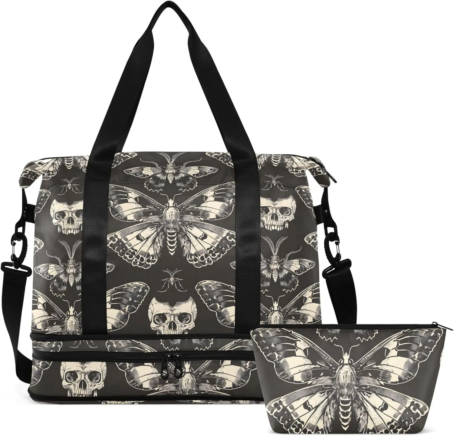 Travel Duffel Tote Bag Butterfly and Skull Sports Duffel Bag with Wet Pocket Weekender Overnight Bag for Women Men Gym Bag, Carry On Bag Hospital Bag for Labor and Delivery