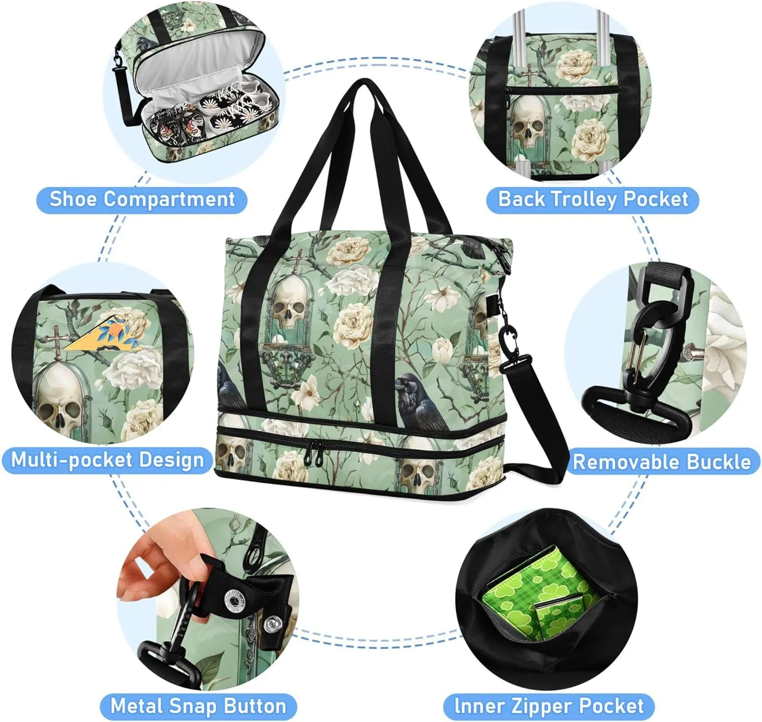 Travel Duffel Tote Bag Skull and Bird Flowers Sports Duffel Bag with Wet Pocket Weekender Overnight Bag for Women Men Gym Bag, Carry On Bag Hospital Bag for Labor and Delivery