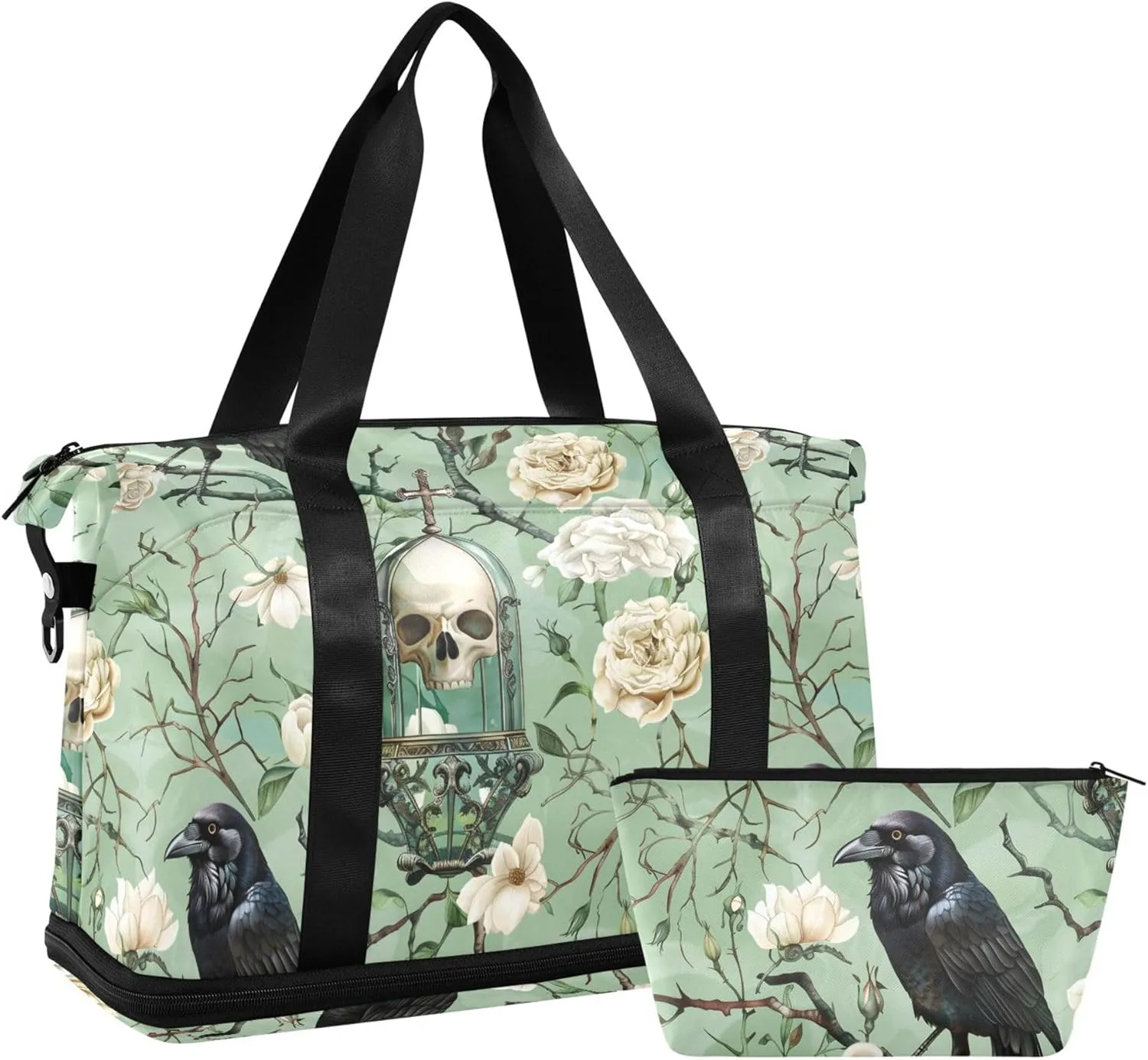 Travel Duffel Tote Bag Skull and Bird Flowers Sports Duffel Bag with Wet Pocket Weekender Overnight Bag for Women Men Gym Bag, Carry On Bag Hospital Bag for Labor and Delivery