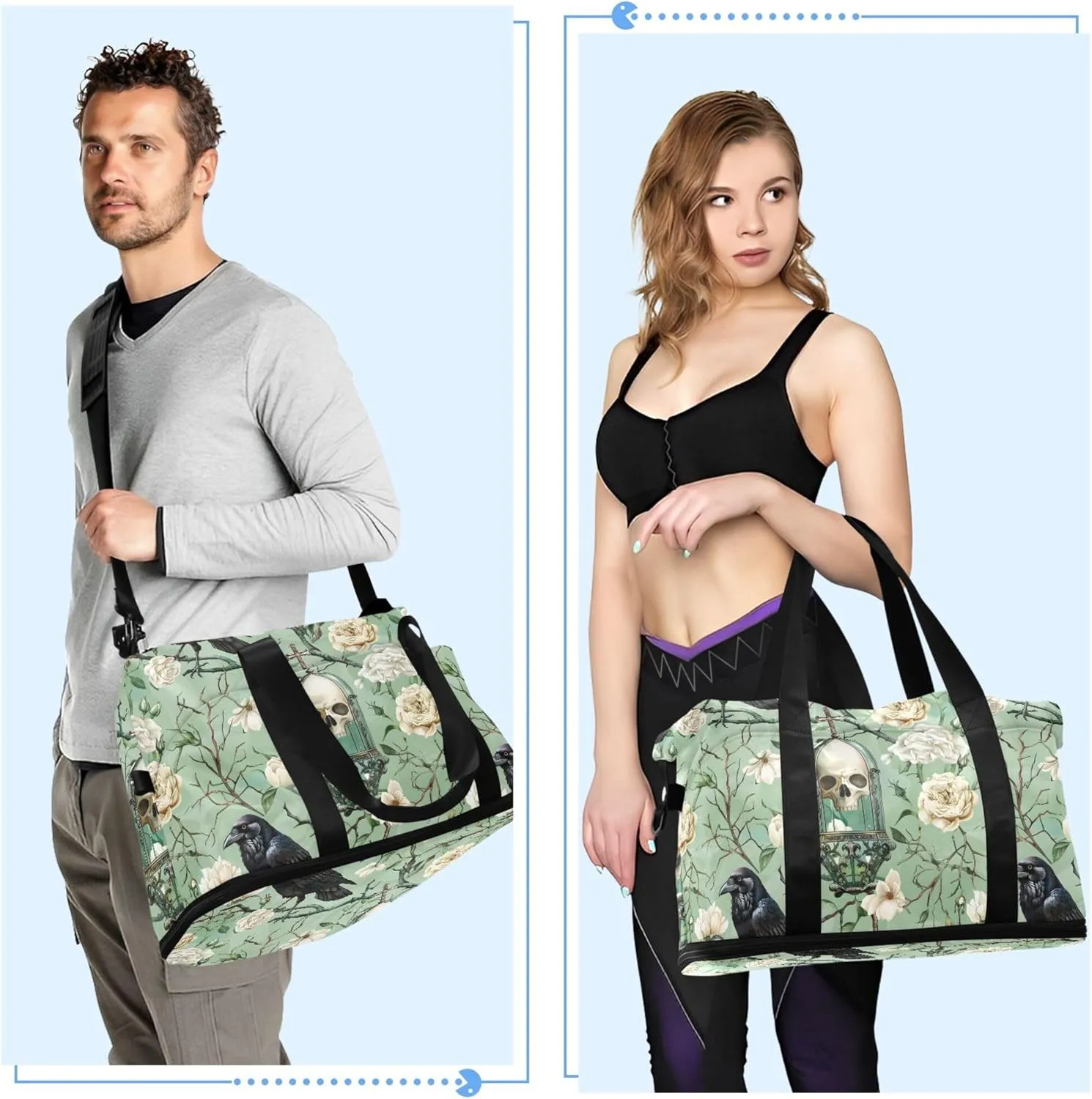 Travel Duffel Tote Bag Skull and Bird Flowers Sports Duffel Bag with Wet Pocket Weekender Overnight Bag for Women Men Gym Bag, Carry On Bag Hospital Bag for Labor and Delivery