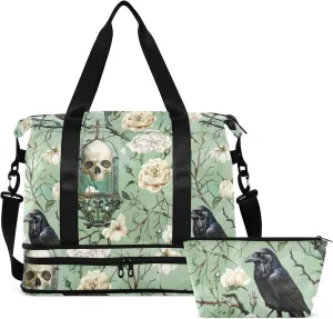 Travel Duffel Tote Bag Skull and Bird Flowers Sports Duffel Bag with Wet Pocket Weekender Overnight Bag for Women Men Gym Bag, Carry On Bag Hospital Bag for Labor and Delivery