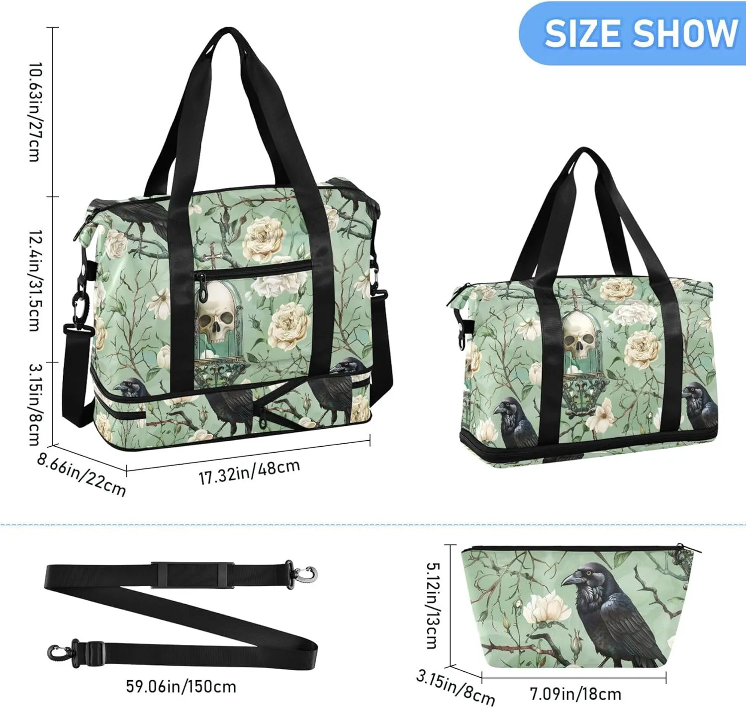 Travel Duffel Tote Bag Skull and Bird Flowers Sports Duffel Bag with Wet Pocket Weekender Overnight Bag for Women Men Gym Bag, Carry On Bag Hospital Bag for Labor and Delivery