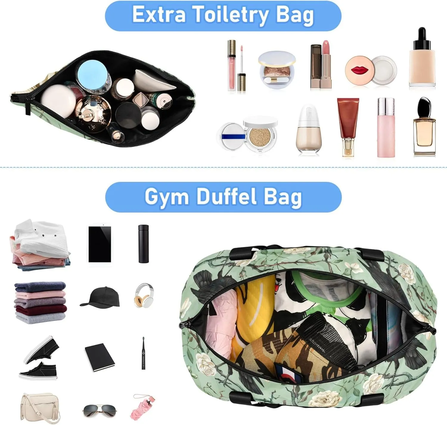 Travel Duffel Tote Bag Skull and Bird Flowers Sports Duffel Bag with Wet Pocket Weekender Overnight Bag for Women Men Gym Bag, Carry On Bag Hospital Bag for Labor and Delivery
