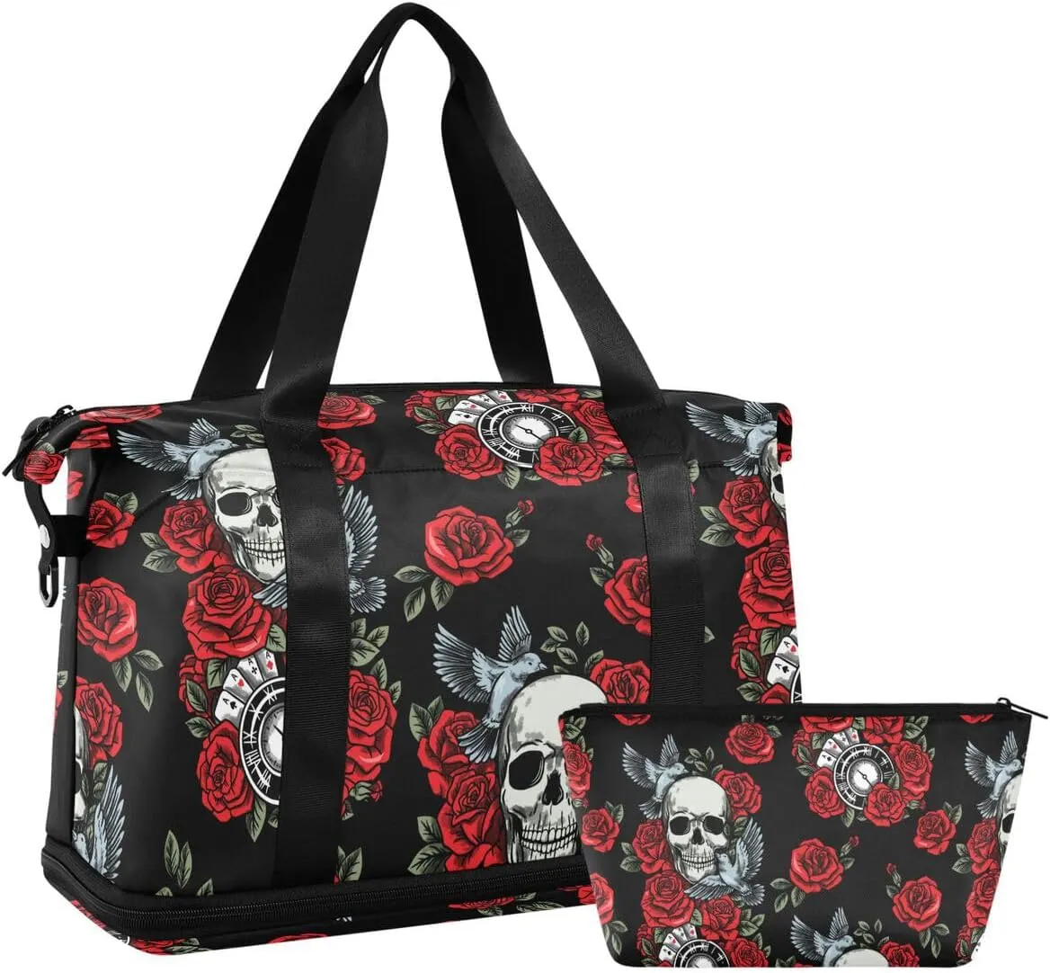 Travel Duffel Tote Bag Skull Rose Birds Sports Duffel Bag with Wet Pocket Weekender Overnight Bag for Women Men Gym Bag, Carry On Bag Hospital Bag for Labor and Delivery
