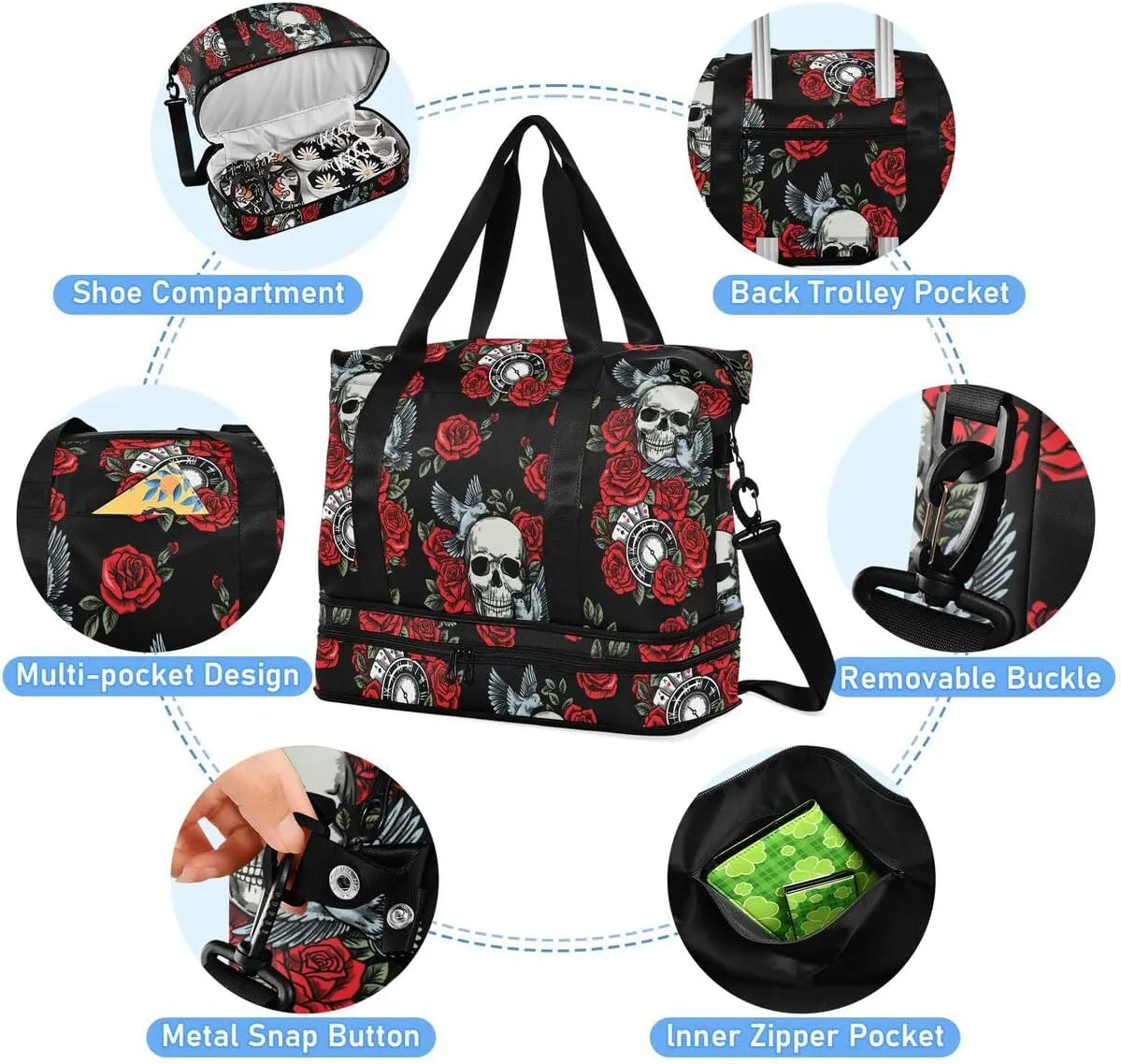 Travel Duffel Tote Bag Skull Rose Birds Sports Duffel Bag with Wet Pocket Weekender Overnight Bag for Women Men Gym Bag, Carry On Bag Hospital Bag for Labor and Delivery