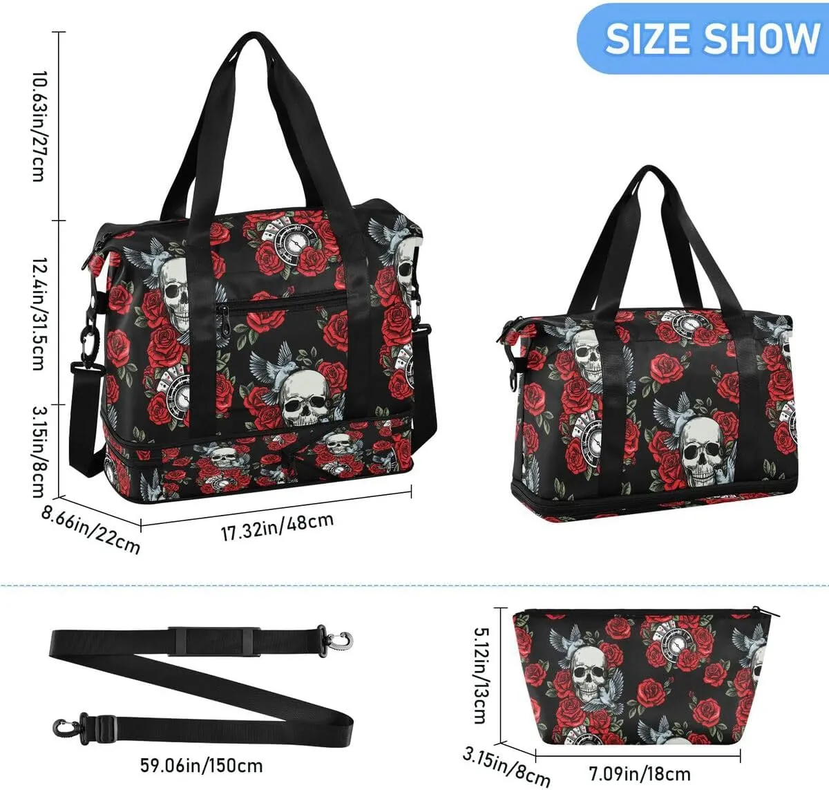 Travel Duffel Tote Bag Skull Rose Birds Sports Duffel Bag with Wet Pocket Weekender Overnight Bag for Women Men Gym Bag, Carry On Bag Hospital Bag for Labor and Delivery