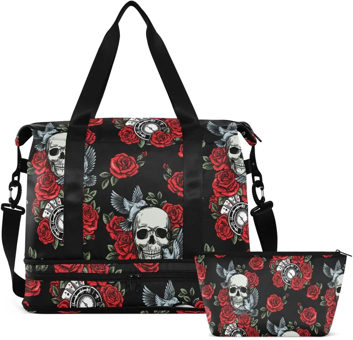 Travel Duffel Tote Bag Skull Rose Birds Sports Duffel Bag with Wet Pocket Weekender Overnight Bag for Women Men Gym Bag, Carry On Bag Hospital Bag for Labor and Delivery