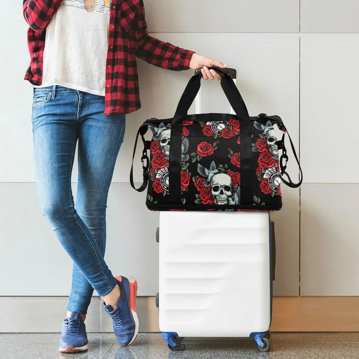 Travel Duffel Tote Bag Skull Rose Birds Sports Duffel Bag with Wet Pocket Weekender Overnight Bag for Women Men Gym Bag, Carry On Bag Hospital Bag for Labor and Delivery