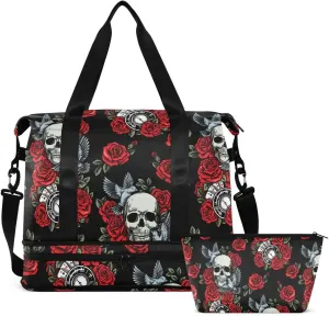 Travel Duffel Tote Bag Skull Rose Birds Sports Duffel Bag with Wet Pocket Weekender Overnight Bag for Women Men Gym Bag, Carry On Bag Hospital Bag for Labor and Delivery