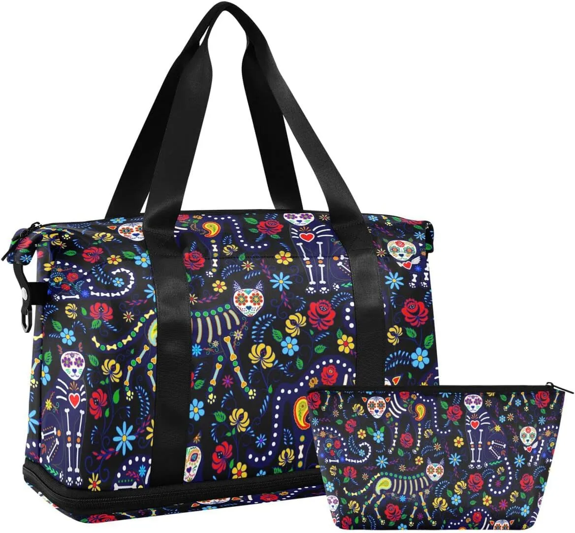 Travel Duffel Tote Cat Skull Fantasy Sports Bag With Wet Pocket - Weekender Overnight for Women Men Gym, Carry On, Hospital for Labor and Delivery