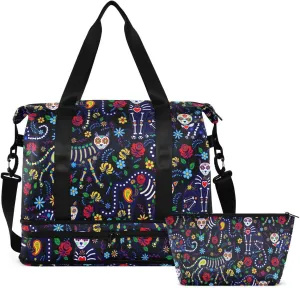 Travel Duffel Tote Cat Skull Fantasy Sports Bag With Wet Pocket - Weekender Overnight for Women Men Gym, Carry On, Hospital for Labor and Delivery
