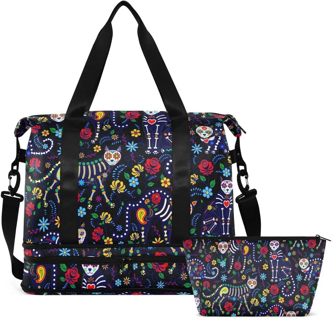 Travel Duffel Tote Cat Skull Fantasy Sports Bag With Wet Pocket - Weekender Overnight for Women Men Gym, Carry On, Hospital for Labor and Delivery