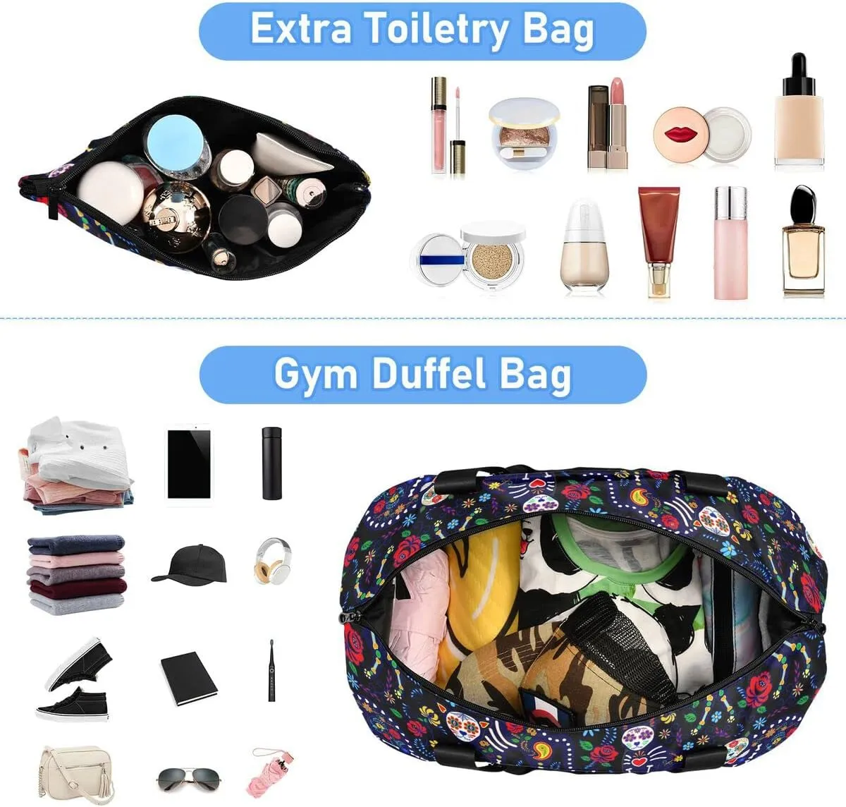 Travel Duffel Tote Cat Skull Fantasy Sports Bag With Wet Pocket - Weekender Overnight for Women Men Gym, Carry On, Hospital for Labor and Delivery