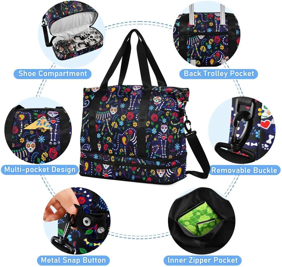 Travel Duffel Tote Cat Skull Fantasy Sports Bag With Wet Pocket - Weekender Overnight for Women Men Gym, Carry On, Hospital for Labor and Delivery