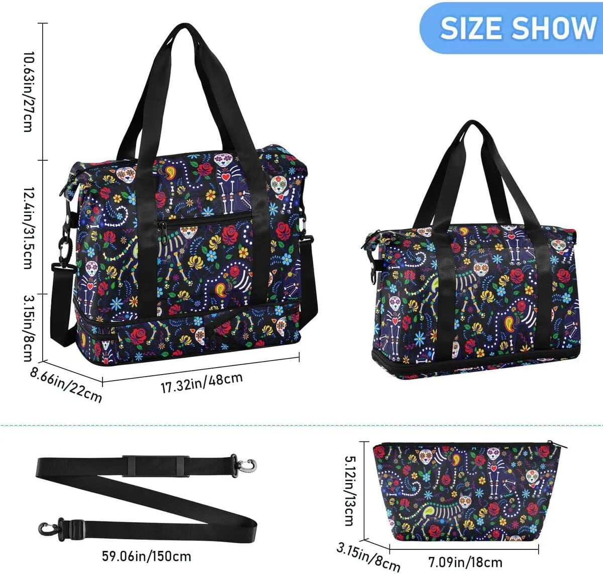 Travel Duffel Tote Cat Skull Fantasy Sports Bag With Wet Pocket - Weekender Overnight for Women Men Gym, Carry On, Hospital for Labor and Delivery