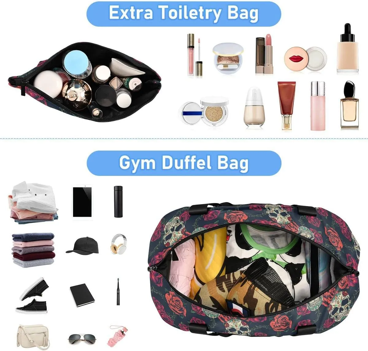 Travel Duffel Tote Rose Gothic Skull Sports Bag With Wet Pocket - Weekender Overnight for Women Men Gym, Carry On, Hospital for Labor and Delivery